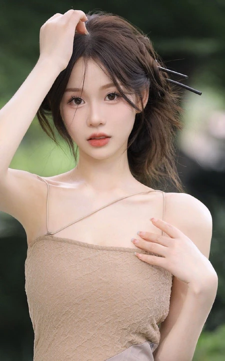 婉约的江南女生着礼裙汉裙手拿小扇湖边凉亭写真图片