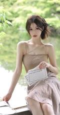 婉约的江南女生着礼裙汉裙手拿小扇湖边凉亭写真图片