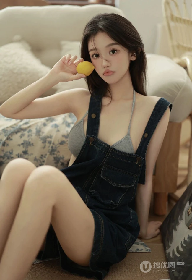 小姐姐纯美又气质，肩带家居服加牛仔裤居家惬意写真图片