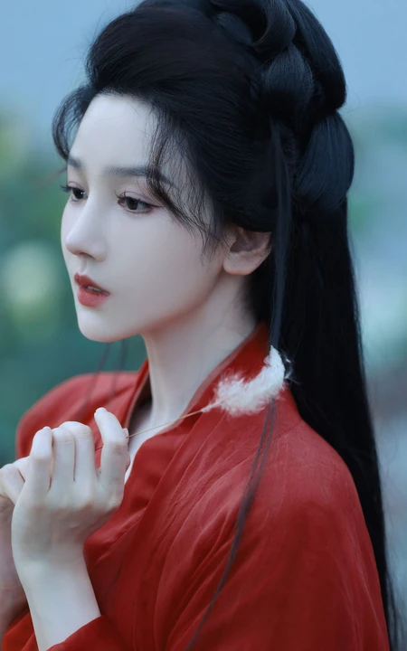 陈小纭一袭红衣古风装扮，荷花池竹筏中手持长剑唯美图片