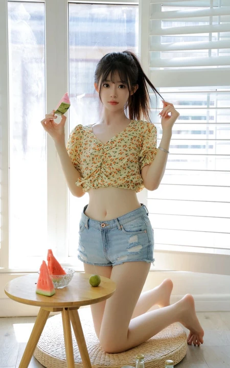 好清凉的小碎花，夏日清凉少女碎花衫短裤穿搭超美写真图片