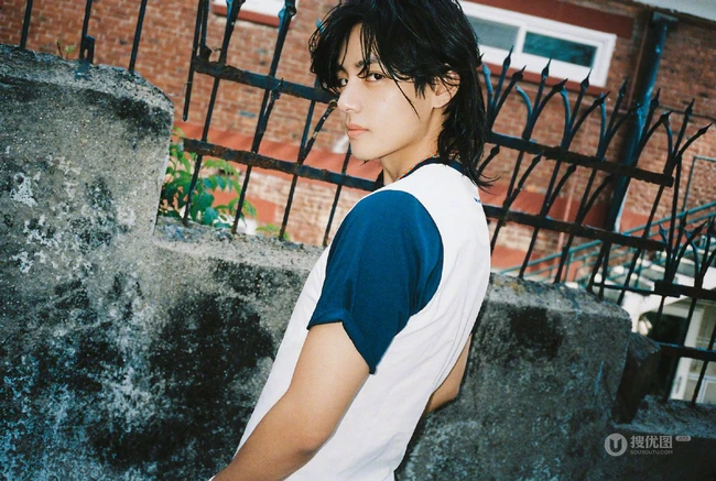 帅气大男孩金泰亨夏日复古穿搭逗狗阳光写真图片