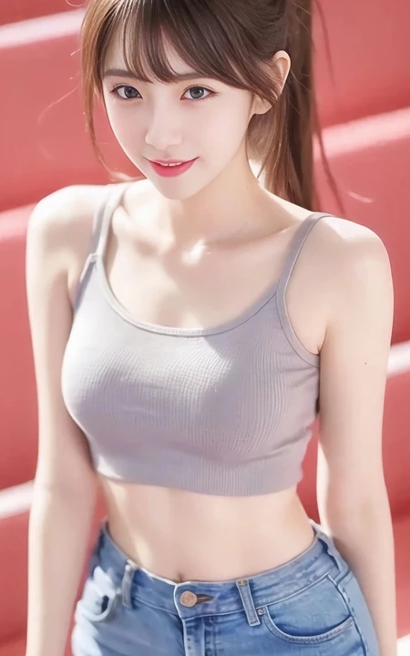 漂亮的ai小姐姐，紧身运动背心牛仔裤美女手机壁纸图片
