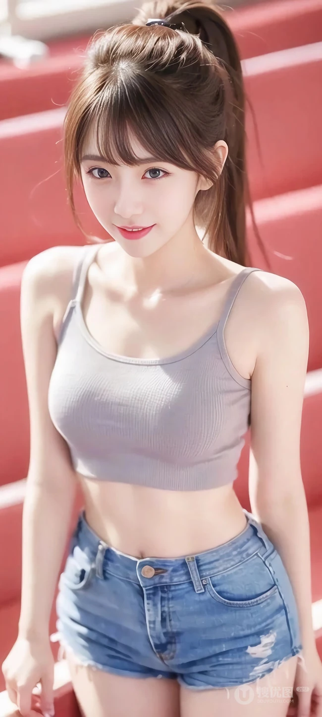 漂亮的ai小姐姐，紧身运动背心牛仔裤美女手机壁纸图片