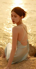 梁洁性感吊带裙落日黄昏海边唯美高清手机壁纸图片