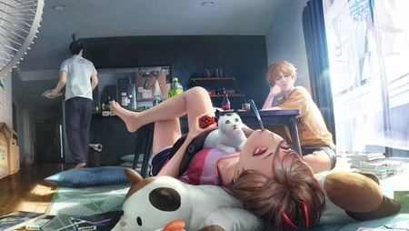躺在地上的少女和家人，猫，玩偶温馨居家动漫插画壁纸图片