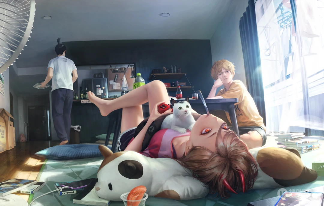 躺在地上的少女和家人，猫，玩偶温馨居家动漫插画壁纸图片