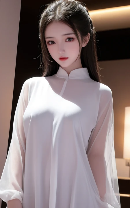 穿着纯白色贴身丝缎衫的AI动漫美女高清手机壁纸图片