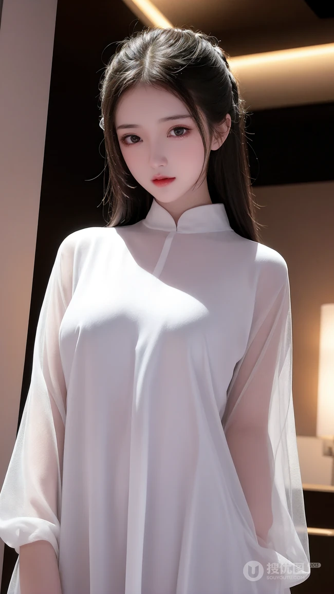 穿着纯白色贴身丝缎衫的AI动漫美女高清手机壁纸图片