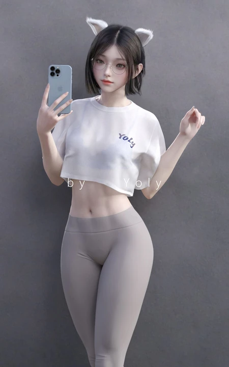拿着手机自拍的性感灰色紧身运动瑜伽裤AI美女高清手机壁纸图片