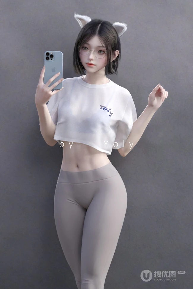 拿着手机自拍的性感灰色紧身运动瑜伽裤AI美女高清手机壁纸图片