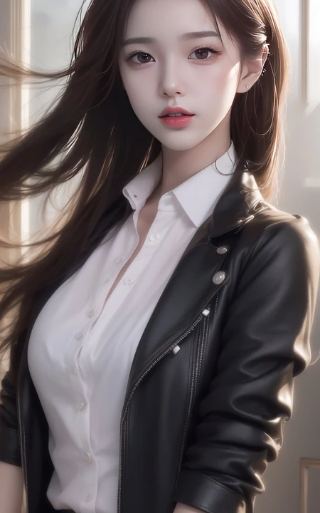 长发柔顺的AI美女，白衬衫加黑色皮衣尽显利落干练手机壁纸图片