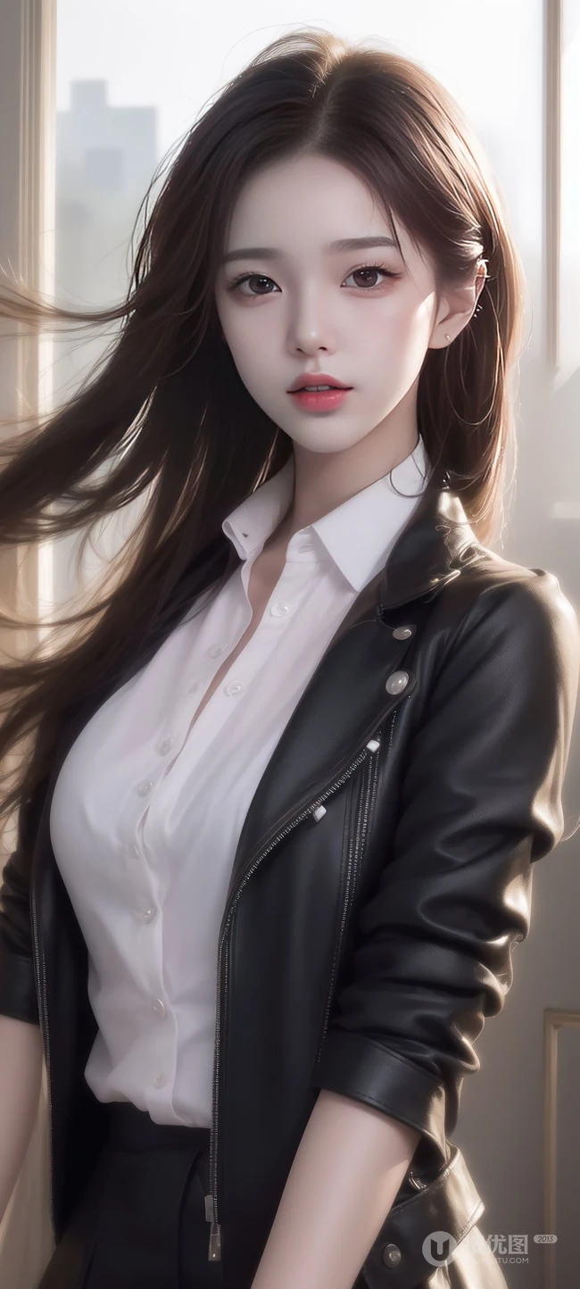 长发柔顺的AI美女，白衬衫加黑色皮衣尽显利落干练手机壁纸图片