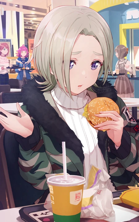餐厅里吃汉堡饮料的短发动漫美女小姐姐可爱迷人手机壁纸图片