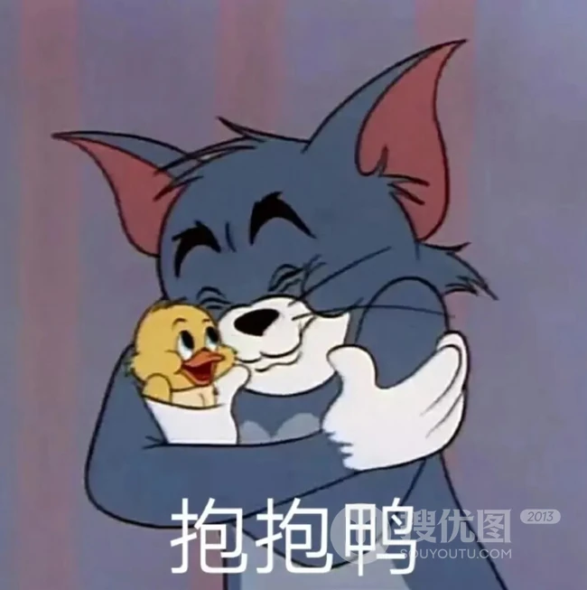 抱着一只可爱小黄鸭的汤姆猫，抱抱鸭搞笑表情文字图片
