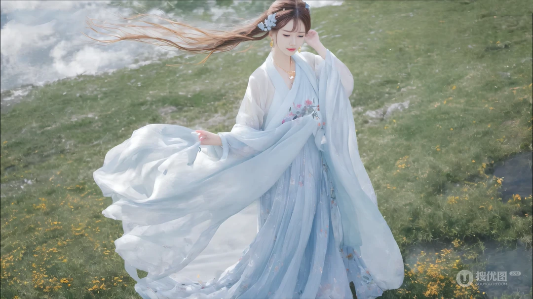 草地上仙气飘飘的古装古风美女唯美高清桌面壁纸图片