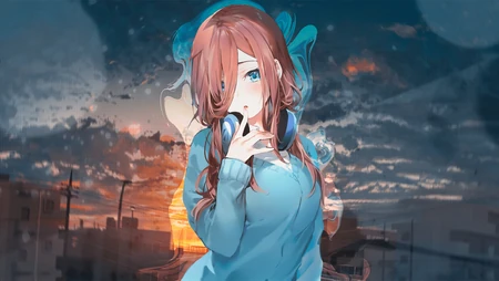 中野三玖，漫画《五等分的新娘》人物中野三玖蓝色衣服娇媚壁纸图片