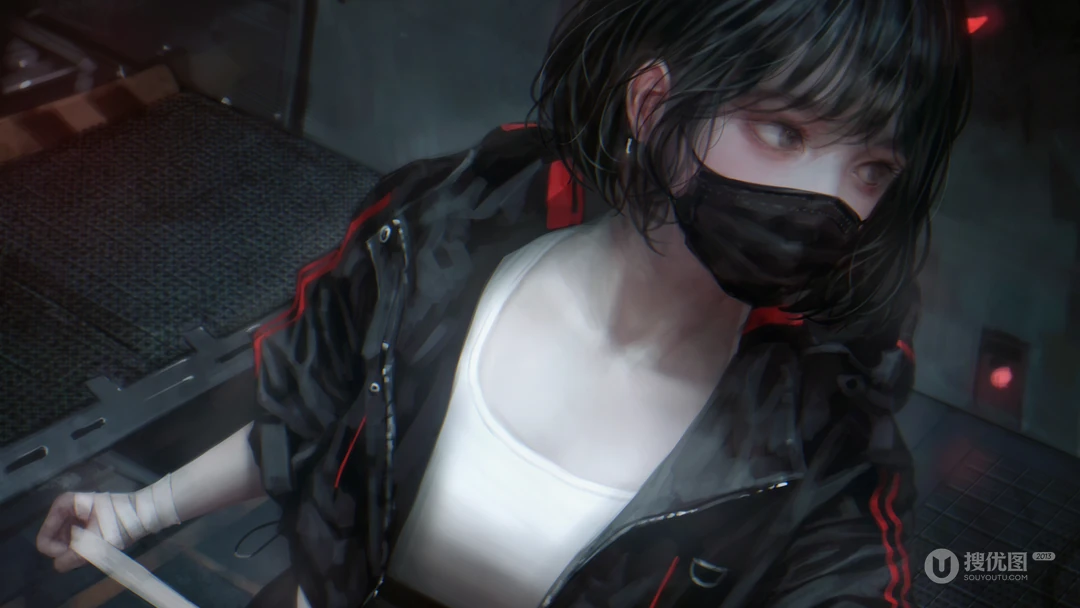戴着黑色口罩，外套加白色背心的大眼睛酷飒动漫少女高清桌面壁纸