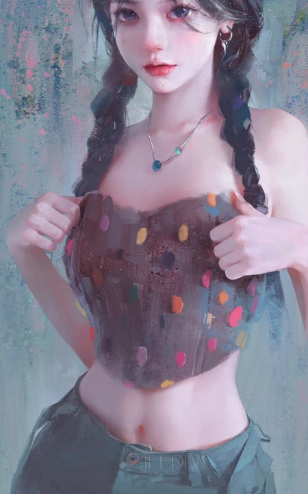 双麻花辫清纯性感动漫短裙小蛮腰美女油画插画手机壁纸图片