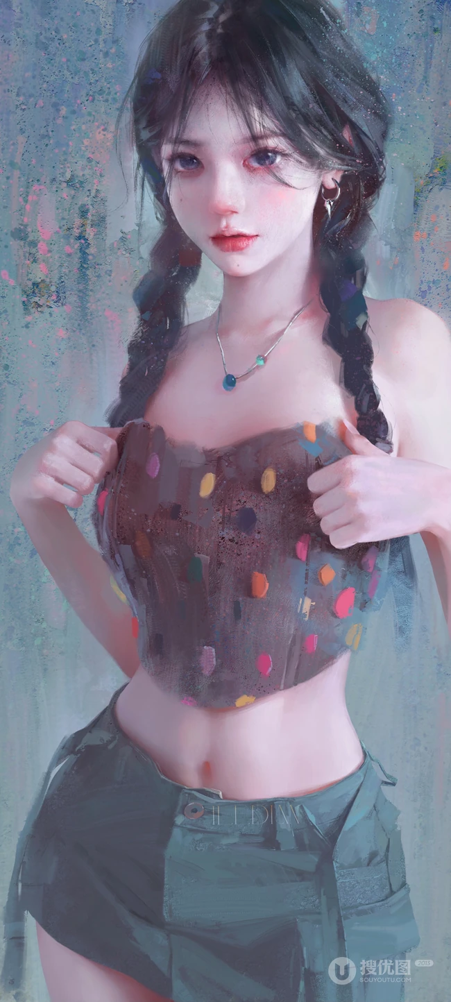 双麻花辫清纯性感动漫短裙小蛮腰美女油画插画手机壁纸图片