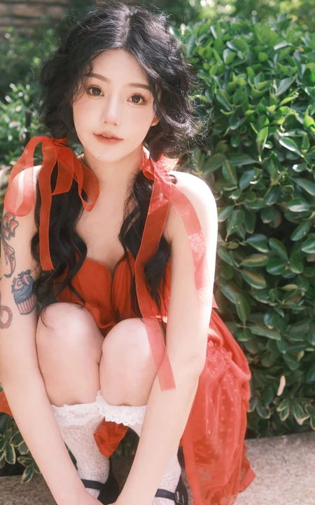 温柔的阳光，温暖的风，肩带红裙女生和娇艳的花朵唯美摄影写真图片