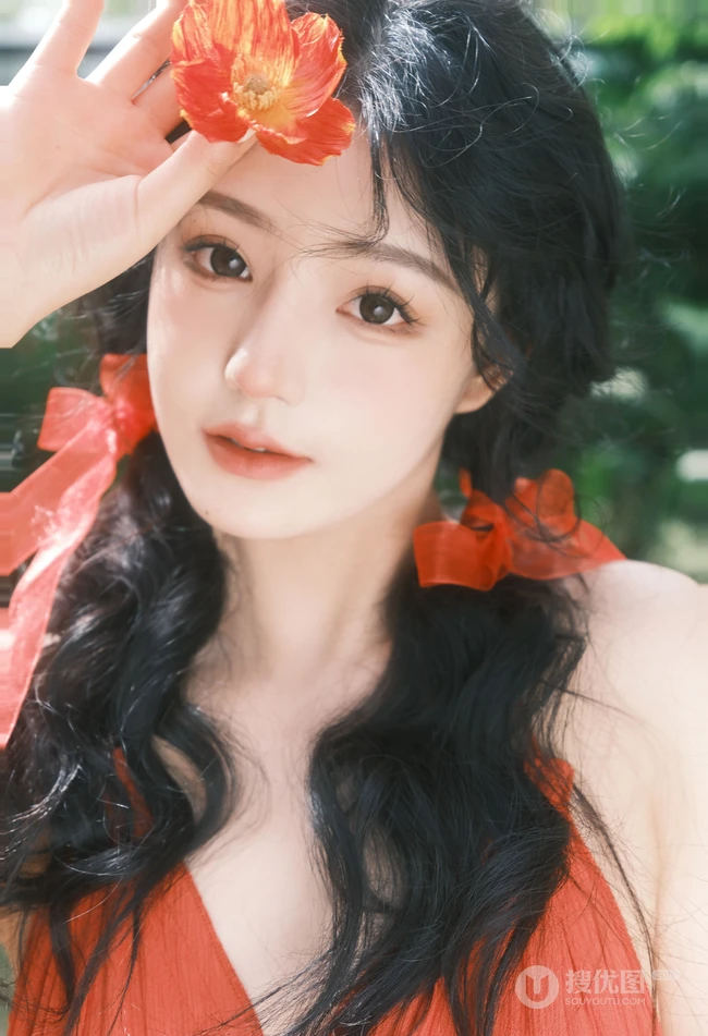 温柔的阳光，温暖的风，肩带红裙女生和娇艳的花朵唯美摄影写真图片