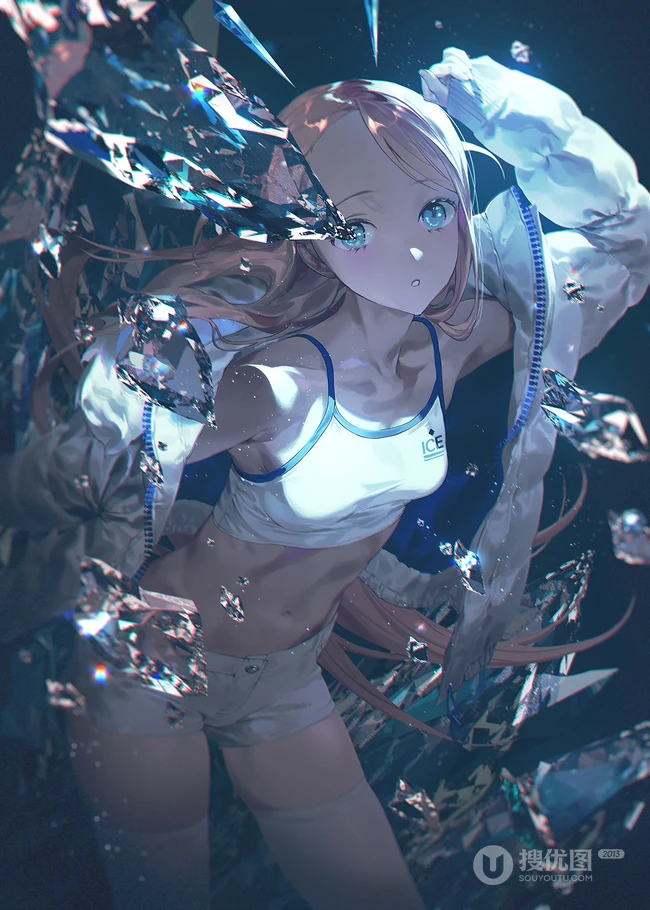 在水中，水晶，吊带背心，紧身短裤动漫少女超美艺术手机壁纸图片