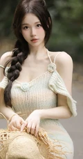 头戴草帽的高颜值辫女生大麻花辫发型搭配肩带毛衣裙户外写真图片