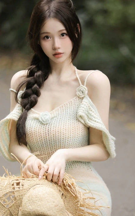 头戴草帽的高颜值辫女生大麻花辫发型搭配肩带毛衣裙户外写真图片