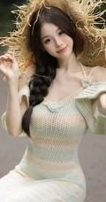 头戴草帽的高颜值辫女生大麻花辫发型搭配肩带毛衣裙户外写真图片