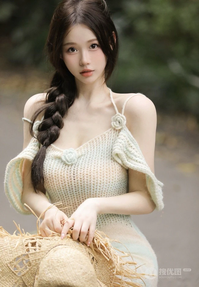 头戴草帽的高颜值辫女生大麻花辫发型搭配肩带毛衣裙户外写真图片