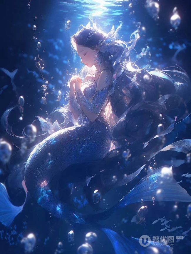 水中的美人鱼，五彩斑斓，精致唯美飘逸的水中动漫AI美人鱼超美图片