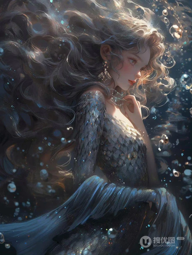 水中的美人鱼，五彩斑斓，精致唯美飘逸的水中动漫AI美人鱼超美图片