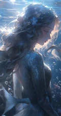水中的美人鱼，五彩斑斓，精致唯美飘逸的水中动漫AI美人鱼超美图片