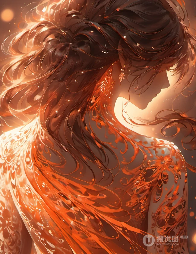宛如披着红色凤凰羽衣的动漫美女超美梦幻手机壁纸图片