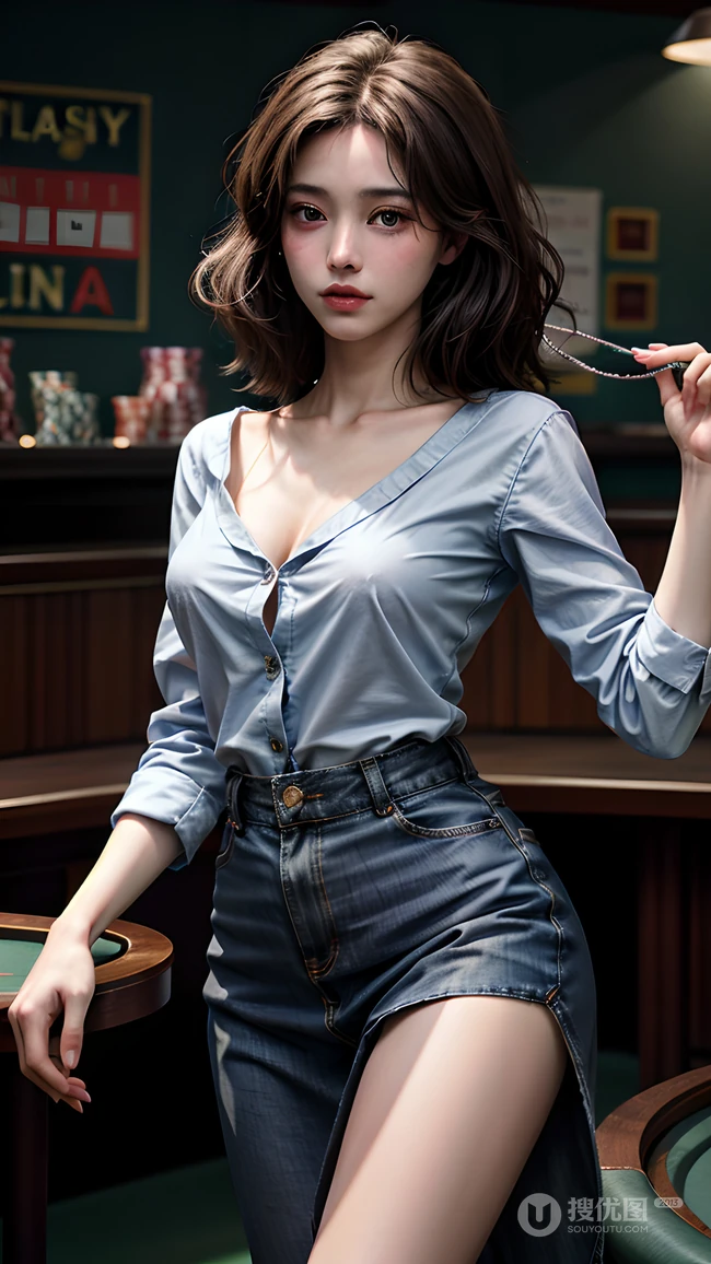 穿着低胸衬衣加紧身个性牛仔裤的AI动漫职场美女高清手机壁纸