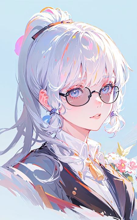 戴眼镜的白发马尾辫AI动漫美少女高清手机壁纸图片