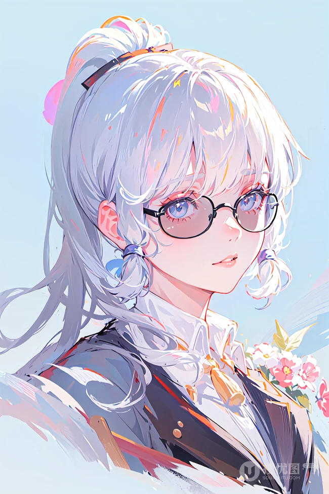 戴眼镜的白发马尾辫AI动漫美少女高清手机壁纸图片