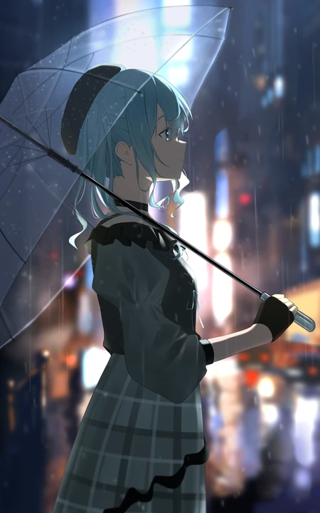 站着雨中，拿着一把雨伞的蓝发动漫女生手机壁纸图片