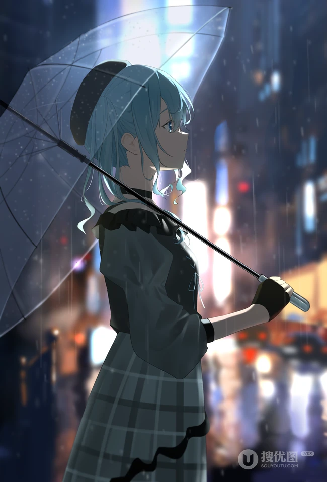 站着雨中，拿着一把雨伞的蓝发动漫女生手机壁纸图片