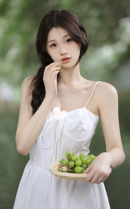 青提与少女，小溪边的清新清新肩带白裙女生和青提唯美写真照