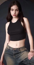 嘴唇很气质的欧美年轻女生黑色背心牛仔裤穿搭随心写真图片