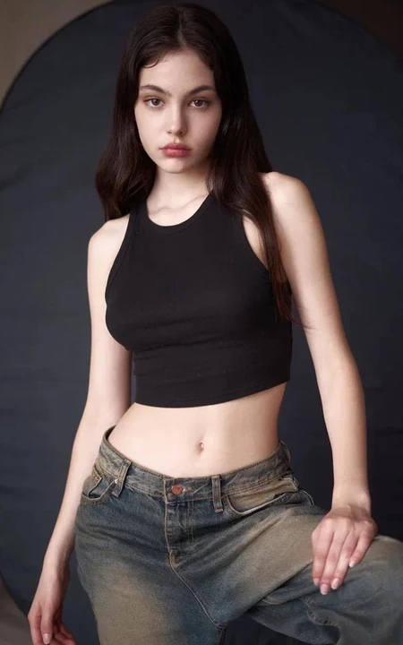 嘴唇很气质的欧美年轻女生黑色背心牛仔裤穿搭随心写真图片