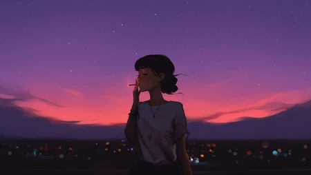 黄昏，城市，灯火，抽烟的女孩，唯美动漫女孩插画壁纸图片