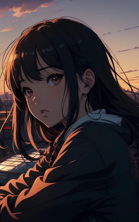 夕阳下，趴在窗台前的动漫女学生手机壁纸图片