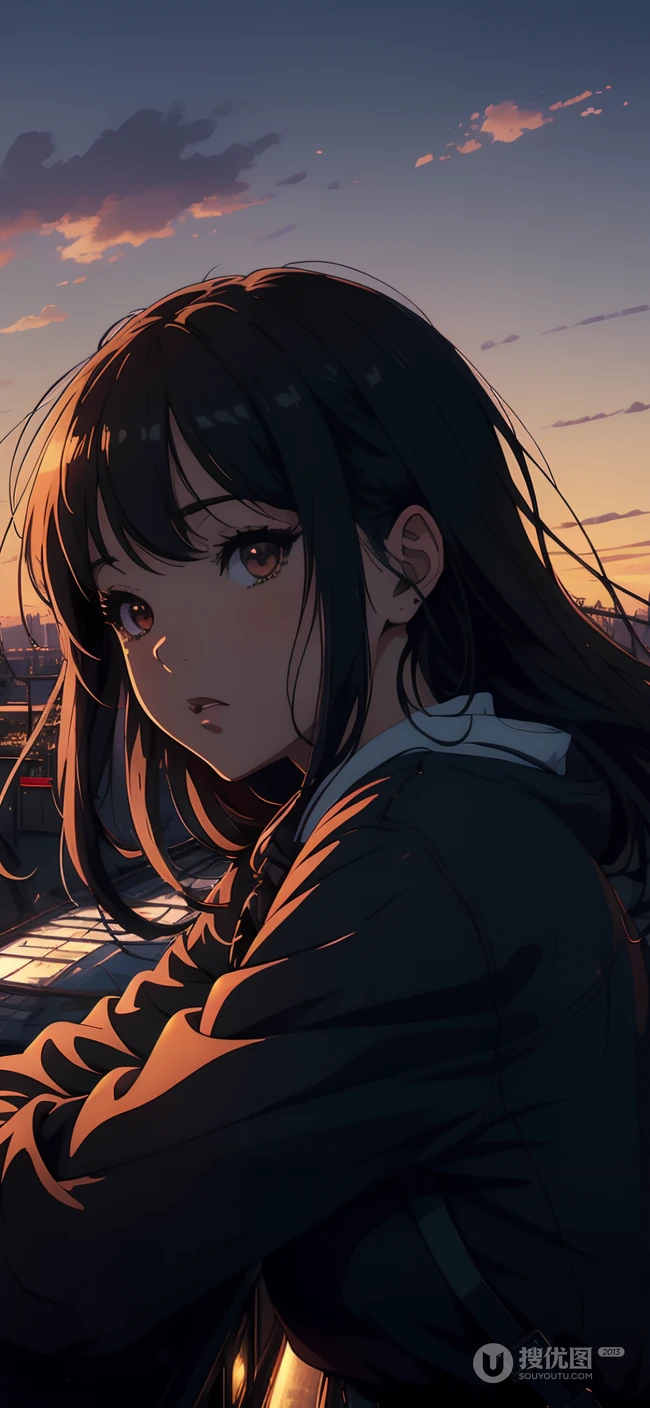 夕阳下，趴在窗台前的动漫女学生手机壁纸图片