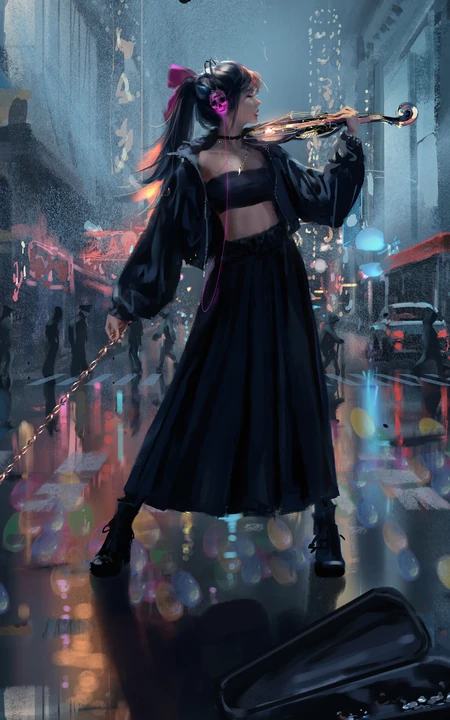 红绿灯观光街道路中间，一个拉小提琴的动漫美女唯美手机壁纸图片