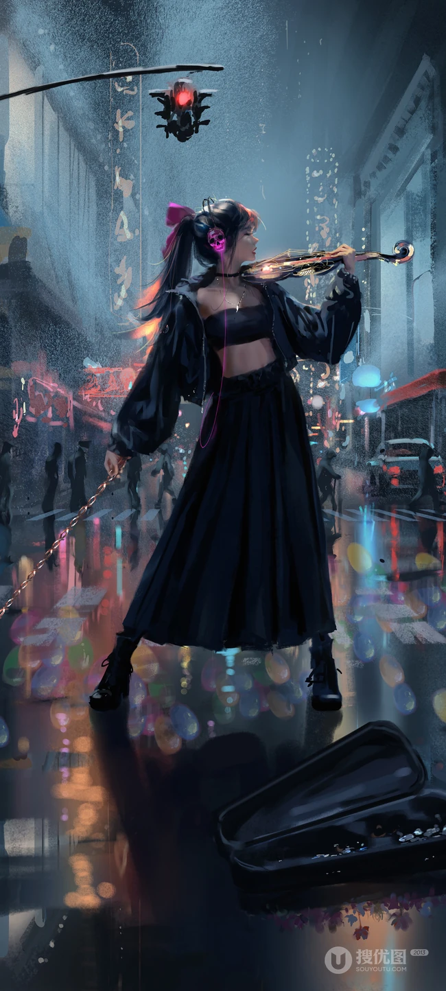 红绿灯观光街道路中间，一个拉小提琴的动漫美女唯美手机壁纸图片