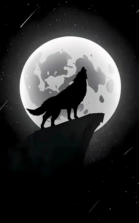 圆月下，对着天空咆哮的狼创意手机壁纸图片