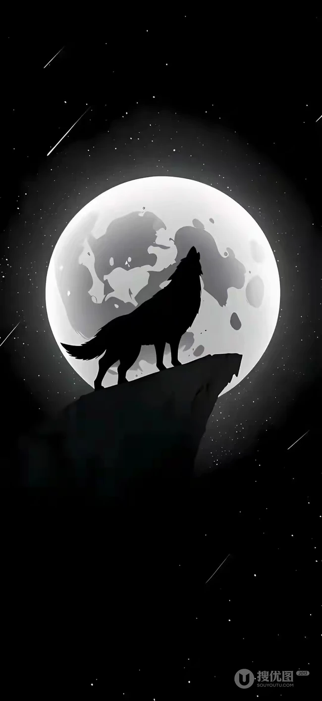 圆月下，对着天空咆哮的狼创意手机壁纸图片